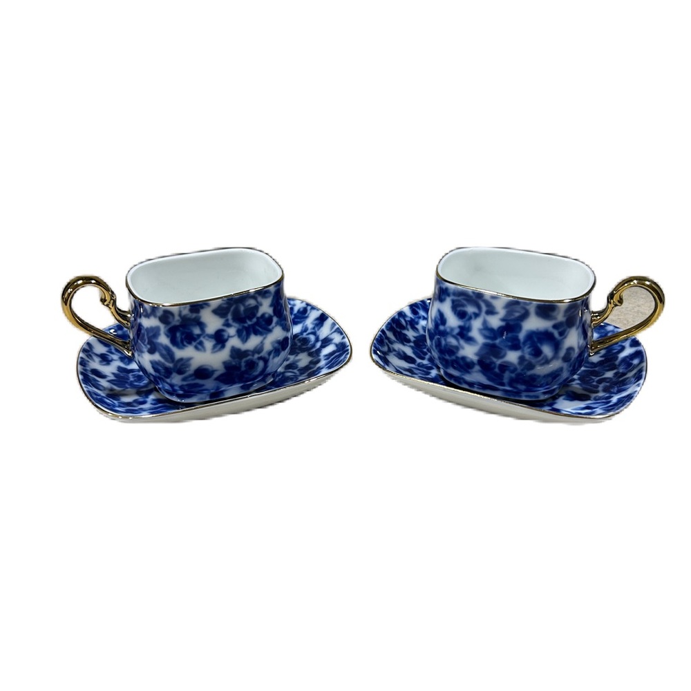 Set Of 2 Royal Danube rectangle calico flow blue cup and saucer with gold trim